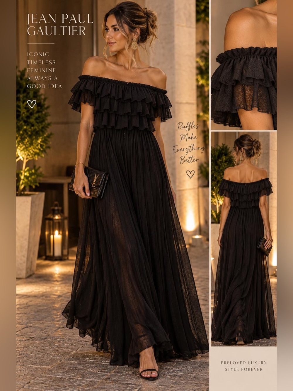 Jean Paul Gaultier Black Off-Shoulder Ruffled Maxi Gown